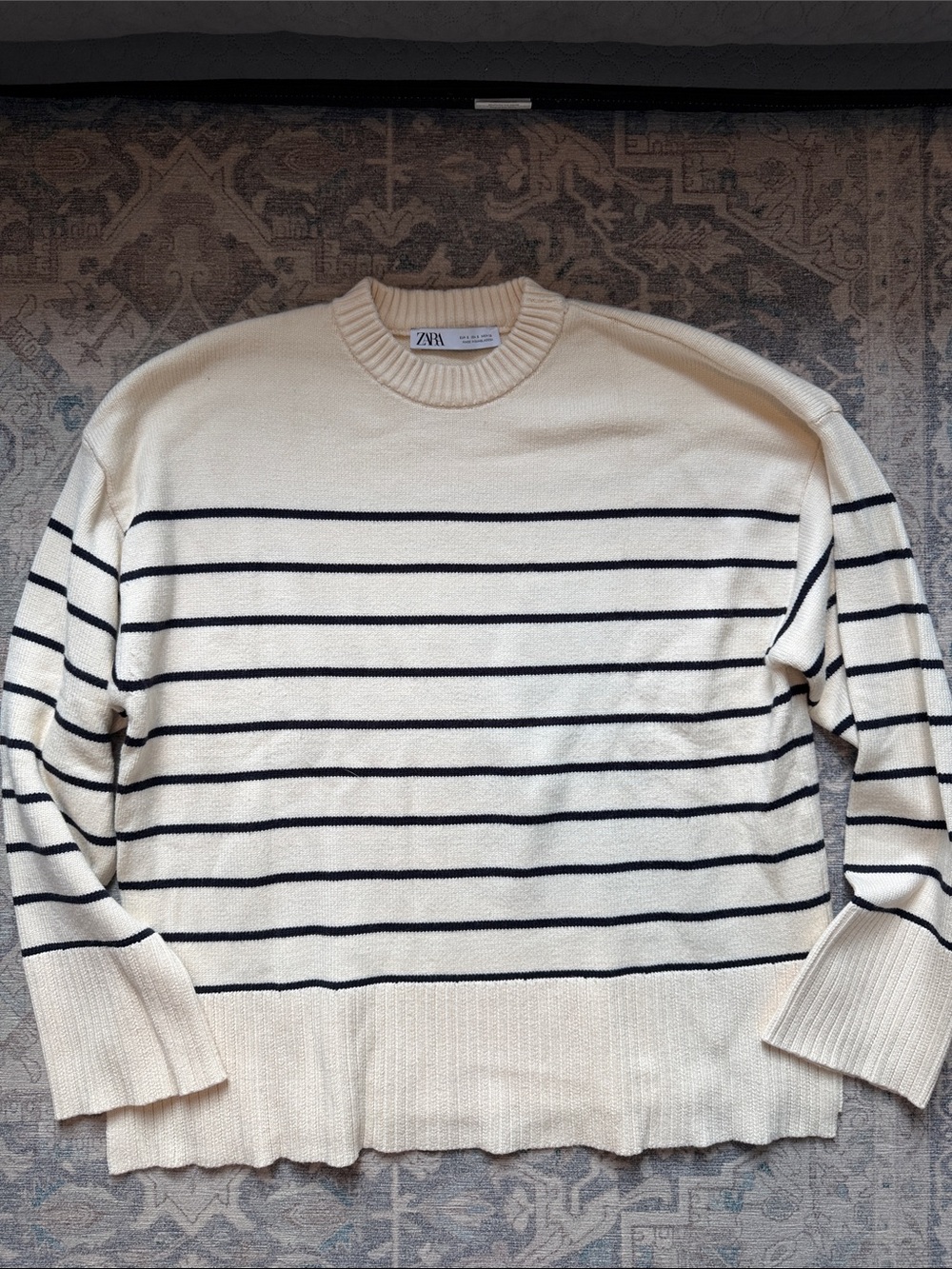 Zara Cream Oversized Crewneck Sweater with Black Stripes